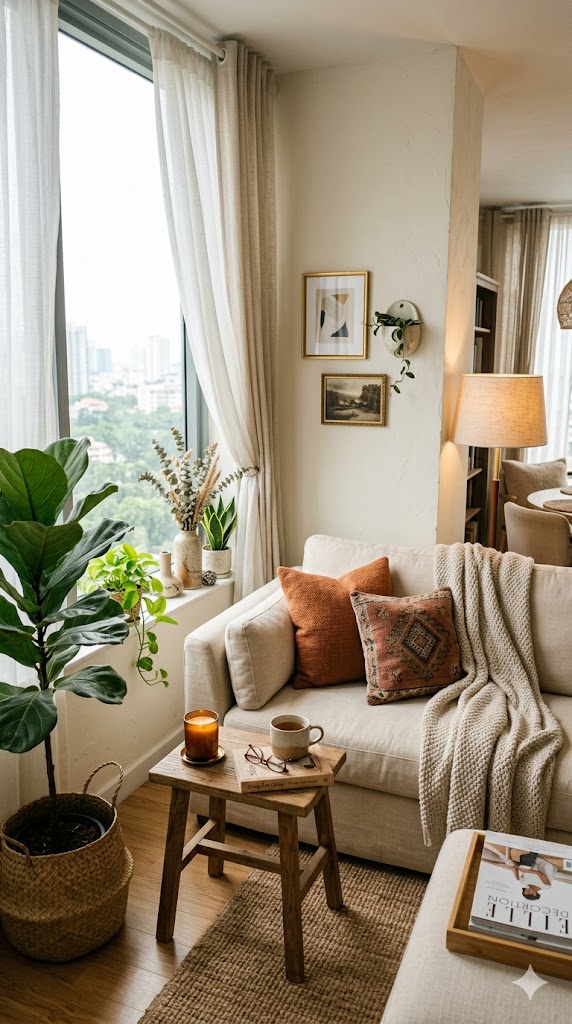 A sun-drenched, modern minimalist living room
